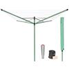 Brabantia - Stendibiancheria a Ombrello Lift-O-Matic - 50m di Spazio per Stendere - Regolabile Lavoro All'altezza (129-187 cm) - con Picchetto 45 mm, Custodia e Porta Mollette - Leaf Green - ø 295 cm