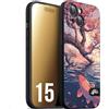 CUSTOMIZZA - Custodia cover nera morbida in tpu compatibile per iPhone 15 giapponese lago carpa koi rosa con foglie d'acero disegnata tattoo