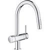 GROHE Minta 31916000 - Miscelatore a doppio spruzzo con valvola di arresto integrata (bocca a C alta, superficie girevole a 90°, cartuccia in ceramica da 46 mm, coda, 379 mm, cromo, 31916000