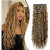 Dcbaboo Extension Clip Capelli Finti Ricci 6 Fasce Extension Capelli Sintetici Clip Posticci per Capelli Lunghi Mossi Clip in Hair Extension Ondulati Naturale per Donna Castano medio/Biondo scuro
