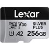 Lexar 256 GB Scheda Micro SD Silver Plus, Scheda di Memoria Flash MicroSDXC UHS-I con Adattatore - fino a 205 MB/s, A2, U3, V30, Class10, TF Card Alta Velocità