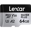 Lexar 64 GB Scheda Micro SD Silver Plus, Scheda di Memoria Flash MicroSDXC UHS-I con Adattatore - fino a 205 MB/s, A2, U3, V30, Class10, TF Card Alta Velocità