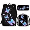 NETILGEN Set di 3 borse per la scuola + astuccio per il pranzo + astuccio per il pranzo, grande, per bambini, ragazzi e adolescenti, da viaggio, personalizzabili, Farfalla blu e viola., Taglia unica