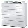 Vladon Madia Pavos V2, Mobile con 4 cassetti e ripiano in vetro, bianco opaco/bianco lucido (76 x 81 x 35 cm)