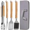 Praknu Set Utensili Barbecue 4 Pezzi in Acciaio e Legno - Kit Attrezzi | Resistenti al calore, robusti e antiruggine, con spazzola, pinza, spatola e forchettone, borsa inclusa, idea regalo uomo