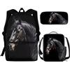 NETILGEN Set di 3 borse per la scuola + astuccio per il pranzo + astuccio per il pranzo, grande, per bambini, ragazzi e adolescenti, da viaggio, personalizzabili, Cavallo nero, Taglia unica