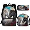 NETILGEN Set di 3 borse per la scuola + astuccio per il pranzo + astuccio per il pranzo, grande, per bambini, ragazzi e adolescenti, da viaggio, personalizzabili, Cavallo bianco e nero, Taglia unica