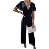 Onsoyours Tute da Donna Manica Corta Monopezzi Tutine Larga Pantaloni Lungo Elegante Casual Jumpsuit Tinta Unita Playsuit Scollo A V Profondo Overall Tutine Vestito Abito Cerimonia A Nero L