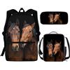 NETILGEN Set di 3 borse per la scuola + astuccio per il pranzo + astuccio per il pranzo, grande, per bambini, ragazzi e adolescenti, da viaggio, personalizzabili, Motivo cavallo marrone, Taglia unica