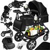 KESSER® Carrozzina 3in1 Loops, Carrozzina Combinata con navicella, Seggiolino sportivo, Seggiolino auto, Borsa Fasciatoio, Parapioggia, Tavolino per Bambini, Nero/Nero