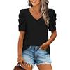 Ausla Camicia a Maniche a Sbuffo con Scollo a V Casual da Donna Tessuto Elastico Comodo Tinta Unita Top Elegante per L'Ufficio Estivo in casa 35% Rayon(XXL-Nero)