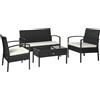 Outsunny Set Mobili da Giardino in Rattan Sintetico Composto da 1 tavolino 2 poltrone e 1 divano a 2 posti Nero e Crema|Aosom