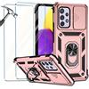 Jeelar NEINEI Cover per Samsung Galaxy A32 4G + 2 Vetro Temperato,Custodia con Scorrevole Protezione Fotocamera,Militare Antiurto Outdoor Case Custodie con Supporto e Magnetico,Oro rosa
