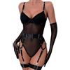 EVELIFE Set di lingerie sexy da donna con body in rete elasticizzato con reggicalze staccabile, guanti eleganti e cinghie per la coscia, orsacchiotto sexy velato per camera da letto Clubwear, Nero , S