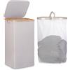 iEGrow Cesto Portabiancheria da 110 l, con Coperchio e Manico, Pieghevole con Borsa Interna Rimovibile, Cesta Portabiancheria in Bambù per Camera da Letto, Bagno, Lavanderia(Grigio chiaro)