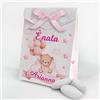 SLIDE 16 pz Scatoline Bomboniere personalizzate con nome, Prima Nascita, complanno, scatole Portaconfetti + 6 mt. nastro raso, Regalo confetti Festa nascita bimba orsetto rosa