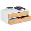 Relaxdays Organizer da Scrivania, bambù e MDF, Portaoggetti Salvaspazio con 2 Cassetti, HLP 14x33x21 cm, Bianco/Naturale