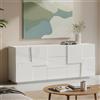 Dmora - Credenza Yoel, Buffet da soggiorno, Madia da salotto con 4 ante e 3 cassetti, 220x44h86 cm, Bianco lucido