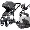 Magic ZC 3 in 1 Sistemi Modulari Sistema da Viaggio per Bambini Passeggini Compatti Reclinabile Passeggino Carrozzine Standard Pieghevole Portatile Passeggino Neonato 0-36 Mesi (739 Grey)