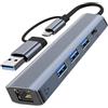 Aplimln 5 IN 2 Adattatore USB Ethernet Gigabit RJ45, Hub Ethernet LAN con 3 Porte USB 3.0 e Ricarica Tipo C PD,Connessione Stabile e Compatibile con Windows macOS Linux Chromebook