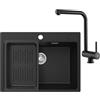 CECIPA Lavandino Cucina Nero in Granito 60 x 45cm con Rubinetto Pieghevole, Lavello Cucina 1 Vasca con Colino Cestello, Lavabo Cucina per Armadio da Cucina da 60cm, con Sifone Classico e troppopieno