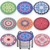 Newk Sottobicchieri per bevande, set di 8 sottobicchieri rotondi in ceramica con supporto in metallo, vivaci motivi mandala colorati, ottimo regalo
