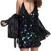 SimidunEUR Donna Vestito Abito con Paillettes da Cocktail per Festa Manica Corta Spalle Nude,Nero,M