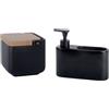 KOOK TIME Set 2 accessori da cucina - include Barattolo porta sale grosso e fino e Dispenser sapone con porta spugna lavandino cucina - Ceramica nera e bambù
