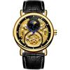 Forsining, orologio analogico da uomo, automatico, vintage, AM/PM, quadrante con scheletro e luna, cinturino in pelle (Oro Nero)