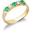 Gioielli di Valenza Anello Veretta a 5 pietre in Oro Giallo 18k con Diamanti e Smeraldi.