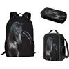 Biyejit Zaino per bambini per ragazze e ragazzi, borsa a tracolla per libri, portapranzo, astuccio 3 in 1, Cavallo nero, Taglia unica