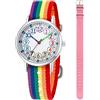 CHAOTECHY Orologio da polso analogico al quarzo per bambini, 2 pezzi, cinturino intercambiabile in tessuto, per imparare a leggere l'ora, Rosa+arcobaleno, Cinturino