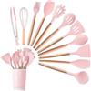 SQUADO - Set di 12 utensili da cucina in silicone, antiaderenti, resistenti al calore, con manico in legno, colore: rosa