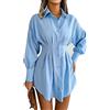 Greensen Abiti da Camicia da Donna Abito Corto a Pieghe con Colletto a Bavero Abiti da Camicia a Maniche Lunghe con Scollo a V Abito Monopetto con Bottoni Abito Casual Allentato con Orlo Irregolare(S-Blu)