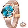 OLEVS Orologio da polso da donna, ultra sottile, orologio analogico impermeabile alla moda, con cinturino in rete, per donna, minimalista, con diamanti, 5189 Bracciale blu viso/oro rosa,