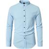 MakingDa Camicia da uomo in cotone e lino con colletto alla coreana, vestibilità regolare, a maniche lunghe, casual, con bottoni, Azzurro, L
