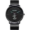 BUREI - Orologio minimalista da uomo, da polso, analogico, al quarzo, ultra sottile, nero, unisex, Nero-blu., Bracciale