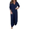 shownicer Completo Donna Elegante Due Pezzi Tinta Unita Lino Coordinato Tuta Casual Ampia Abbigliamento Estivo Streetwear Bluse e Pantaloni Larghi 2 Pezzi Set A Blu Navy XXL