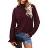 Greensen Camicetta da Donna a Maniche Lunghe Camicia a Maniche Lunghe in Puro Colore Camicetta a Collo Alto con Volant Elegante Pullover Casual Allentato con Maniche a Campana(M-Vino Rosso)