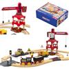 3T6B Ferrovia in legno Set 58 pezzi, ferroviari in legno e Trenes Eléctricos de Juguete, gru a torre magnetiche, rotazione a 360 gradi, per tutte le grandi marche, giocattoli per bambini dai 3+
