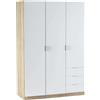 Habitdesign Armadio con tre ante e tre cassetti, finitura rovere canadese/bianco, dimensioni 121 cm (L) x 180 cm (A) x 52 cm (P)