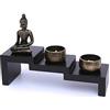 Flanacom Set Giardino Zen con Buddha e Portacandele - Decorazione Meditazione Feng Shui Miniatura in Legno per Rilassamento Casa e Ufficio