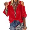 ECOBU Top da donna con scollo a V e zip e spalle scoperte Camicetta da donna Manica a lanterna Scollo a V profondo Tunica con cerniera Camicie eleganti T-shirt casual larghe Camicetta da donna Top T-shirt