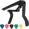 OOTDAY Capotasto Chitarra, Capo nero per chitarra acustica a 6 corde con 5 plettri gratuiti design in lega di alluminio con cuscino in silicone per chitarra elettrica, basso, mandolino