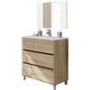 Muebles Pitarch | Set mobile da bagno con lavabo in ceramica e specchio incluso, 3 cassetti, larghezza 80cm, con piedi, Bianco, per lavabo incassato, stile Moderno, modello Kalma