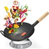 Flavemotion WOK + anello wok per fornello a gas, grill (30 cm, fondo piatto, precotto) wok martellato a mano in acciaio al carbonio con manico in legno, incluso anello wok per riporre oggetti