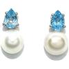 Never say Never Bellissimi orecchini con 2 topazi blu incastonati con 4 griffe in oro bianco 18 kt e 2 perle coltivate da 7 mm. Chiusura a pressione.