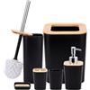 GreeSuit Set Bagno Accessori Completo - 6 Pezzi Set Accessori Bagno in bambù, set con bottiglie per lozione, portaspazzolino, tazza da denti, portasapone, spazzolino, cestino