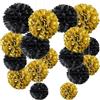 YBwanli 20 Pezzi Pom Pom di Carta Velina in Oro Nero Decorazione per Feste, Decorazione di Capodanno, Matrimonio, Compleanno, Laurea, Addio al nubilato, Ballo di fine anno, Natale