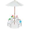 Relaxdays Tavolino da Bambini per Esterno, Tavolo da Picnic Rotondo per Giardino, 4 Sedie e Ombrellone, Legno, Bianco, 60% plastica 20% Poliestere